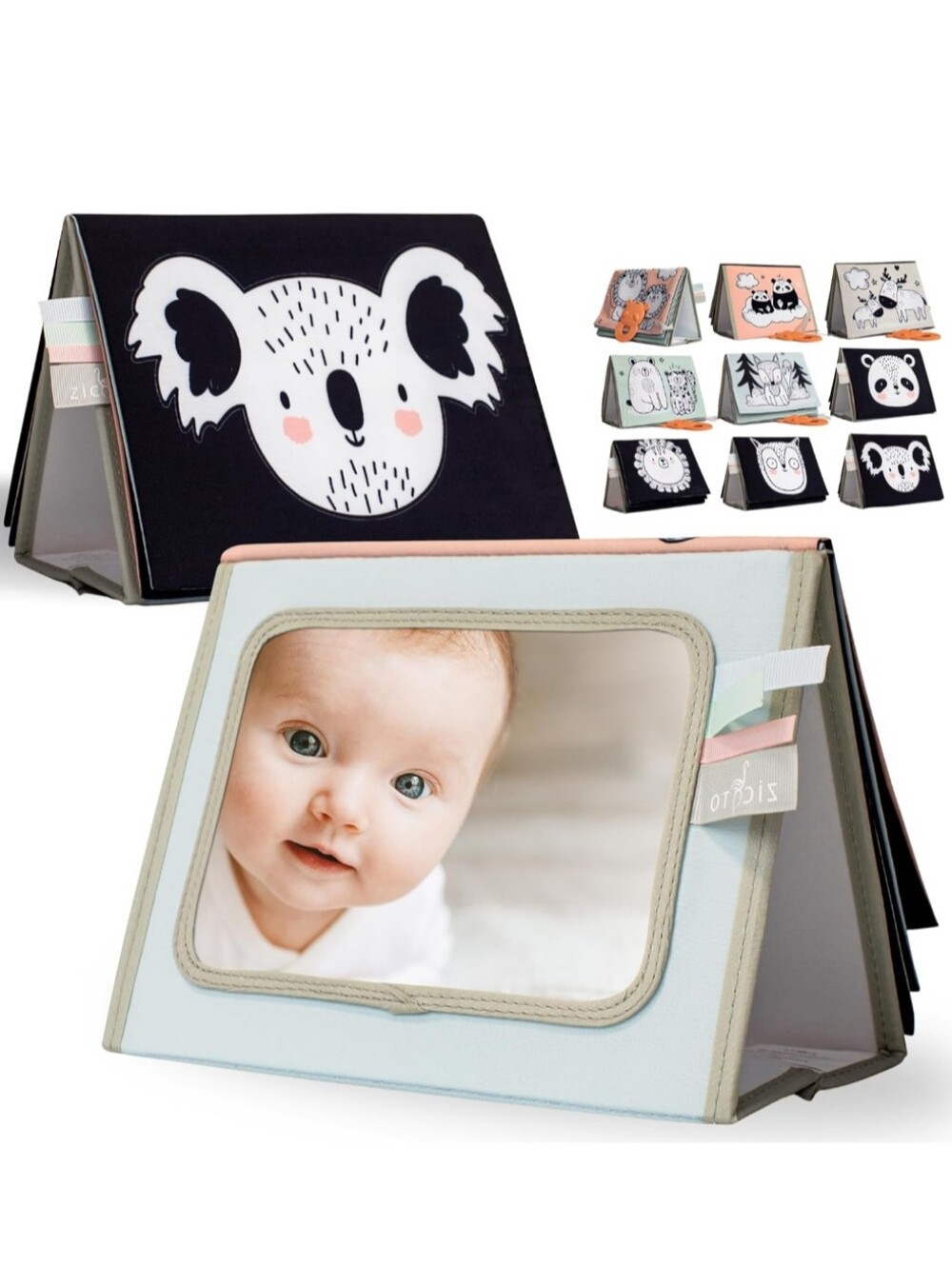 tummy time crinkle book with baby safe mirror & attached teether soft sensory 0m